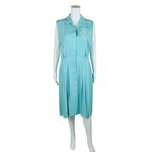 Vintage 1940s Baby Blue Shirtdress Shaker Square Embroidered Day Dress | W 31"
